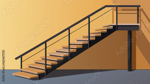 Vector art of a stylish wooden staircase with a black metal railing ascends in a bright interior space, showcasing modern design and architectural lines with soft shadows