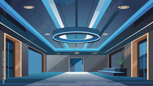 Vector art of futuristic interior hallway with modern architectural design, featuring a circular ceiling light and blue neon illumination, creating a sleek and sophisticated ambiance
