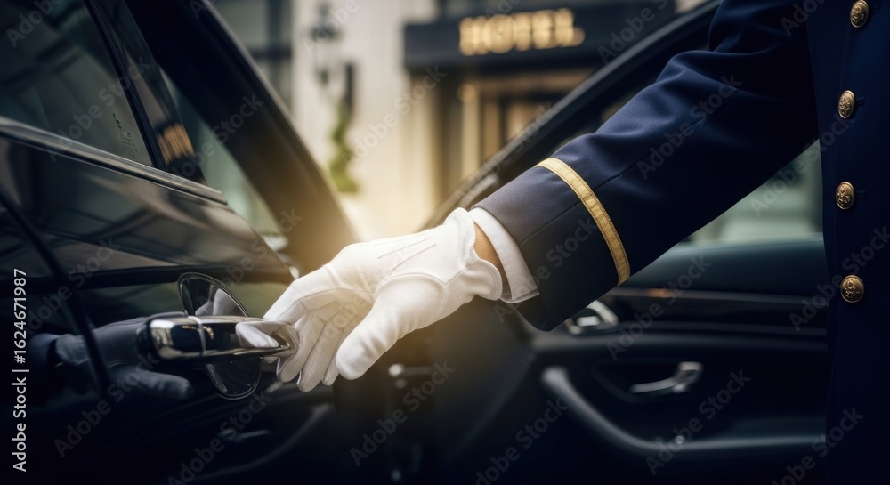 Doorman with gloved hand opening car door, hotel facade behind Doorman with gloved hand opening car door, hotel facade behind