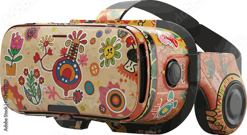 Funky and Psychedelic VR Headset with Retro Floral and Geometric Patterns for Immersive Virtual Reality Experiences
