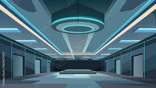 Vector art of sleek futuristic interior corridor with a central platform and illuminated ceiling, showcasing modern architectural design and a sense of advanced technology