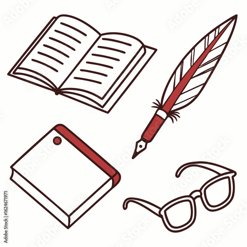 Open book, feather pen, notebook and glasses isolated on white background
