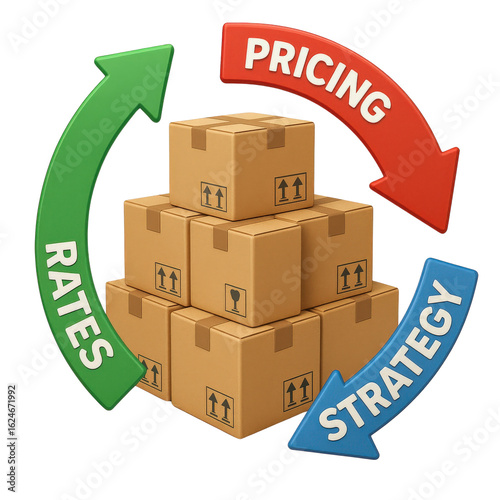 merchandise rate strategy effect concept. Stacked cardboard boxes with arrows indicating a pricing strategy.