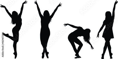 Group of dancers in silhouette pose, expressive movement, elegant choreography, performing on stage, suitable for dance, art, education, lifestyle themes