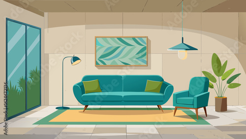 Vector art of stylish living room interior featuring a teal sofa, armchair, floor lamp, and plant, illuminated by soft light creating a welcoming atmosphere