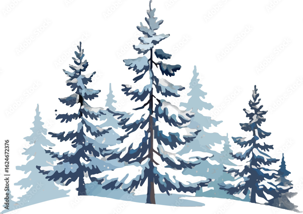 Fototapeta premium Watercolor winter landscape illustration featuring snow covered evergreen trees in a serene and peaceful outdoor scene evoking a sense of cold season nature