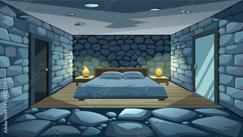 Vector art of stylish stone bedroom with a comfortable bed, ambient lighting, and doors leading to the outside, exuding a modern yet rustic charm for ultimate comfort