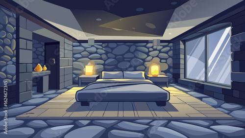 Vector art of modern stone bedroom with a comfortable bed, bedside lamps, and large windows offering a view, creating a cozy and inviting atmosphere for relaxation