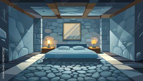 Vector art of a dimly lit bedroom with stone walls and floor, featuring a bed, nightstands with lamps, and a mirror on the wall, creating a cozy and mysterious atmosphere