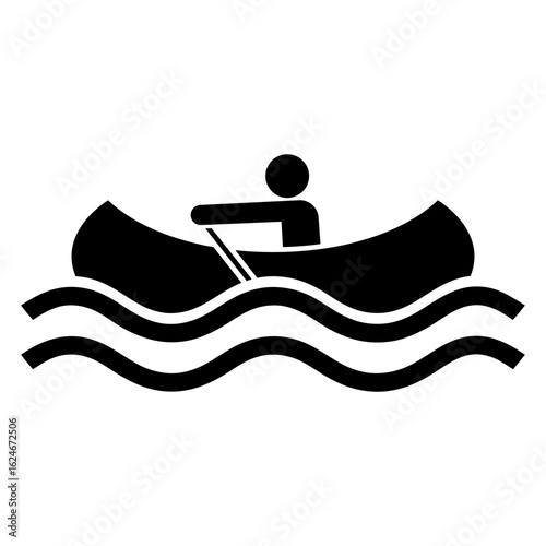 Icono silueta de hombre remando en una canoa con olas