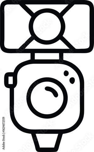 Camera and Flash illustration: A schematic line drawing illustration of a camera with an attached flash, perfect for visual communication.