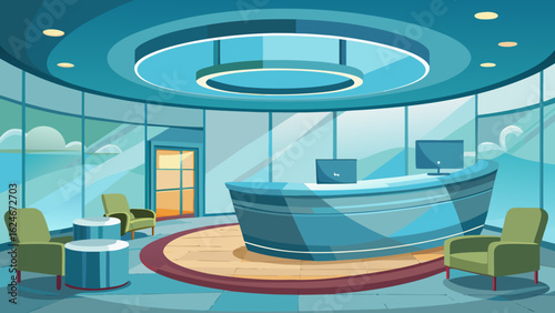 Vector art of contemporary business lobby with a curved reception desk, comfortable seating, and large windows overlooking the city