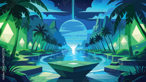 Tropical island resort with palm trees, a swimming pool, and the sea under a summer sky