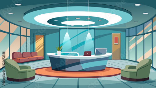 Vector art of a sleek and stylish reception desk situated in a bright and airy office lobby, featuring comfortable seating and modern lighting, perfect for a professional business setting