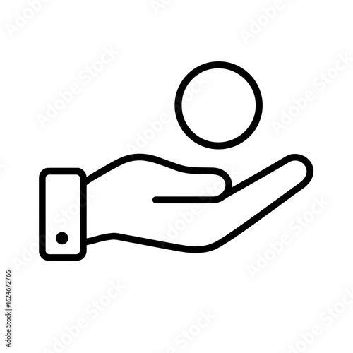 Hand holding single coin symbolizing financial aid and minimal income (Outline icon)