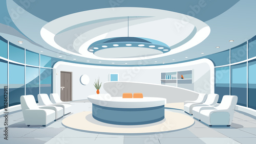 Vector art of elegant corporate reception area with a circular desk, multiple seating arrangements, and large windows offering a bright and professional atmosphere