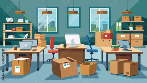Vector art of a modern office interior with desks, chairs, computers, and numerous cardboard boxes, indicating a business move or office reorganization