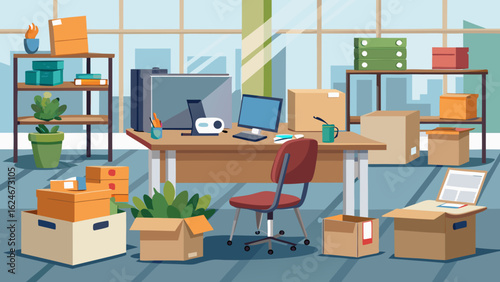 Vector art of office workspace filled with packed boxes and essential equipment, symbolizing a business move or a fresh start