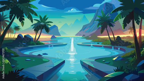 Tropical swimming pool at sunset with palm trees, a paradise island escape