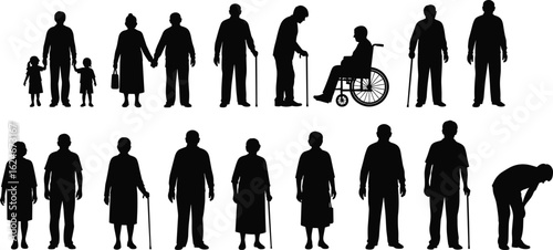 Elderly silhouettes, aging process, senior citizens, mobility support, wheelchair users, generational contrast, healthcare concept, family care, physical disability, assistive technology