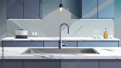 Vector art of modern kitchen interior with a sleek stainless steel faucet and sink, marble countertops, and blue cabinets, illuminated by a single pendant light