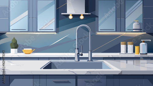 Vector art of a closeup view of a modern kitchen sink and faucet with blue cabinets, marble countertop, and stylish backsplash, featuring kitchen essentials
