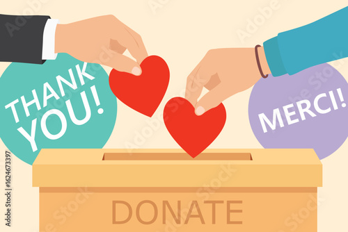 Donation box and charity concept. Hands putting red heart to donation box