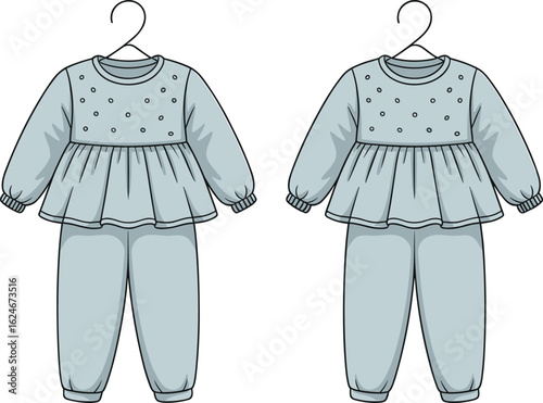 Light blue baby pajamas with peplum top and stud details, technical drawing, front and back view, cute children's sleepwear on hangers.