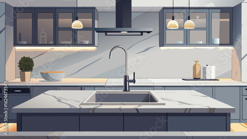 Vector art of stylish modern kitchen interior with a central island, showcasing contemporary cabinetry, elegant lighting, and a clean, minimalist aesthetic for a luxurious home
