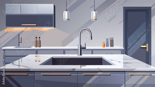Vector art of chic modern kitchen interior featuring a central island, elegant dark cabinetry, stylish pendant lights, and a minimalist design, creating a sophisticated home environment
