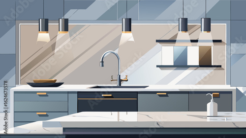 Vector art of modern kitchen interior design with sleek cabinets, a marble countertop, and stylish pendant lighting, creating an elegant and contemporary living space