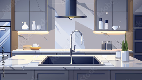 Vector art of elegant modern kitchen with a double sink, sleek cabinetry, marble countertops, and sophisticated lighting, reflecting a refined contemporary home aesthetic