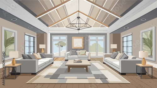 Vector art of spacious and bright living room interior design with comfortable sofas, coffee table, rug, and vaulted ceiling with modern chandelier, creating an elegant ambiance
