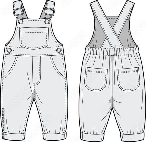 Baby Denim Overalls Vector Illustration, Flat Technical Sketch with Bib Pockets and Buckles, Front and Back.
