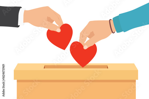 Donation box and charity concept. Hands putting red heart to donation box