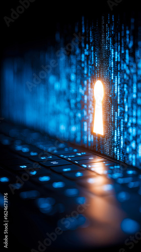 Computer with a glowing key hole for cyber security