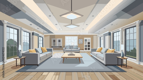 Vector art of spacious and elegant modern living room interior design with comfortable sofas, coffee table, and large windows, creating a welcoming and stylish home atmosphere