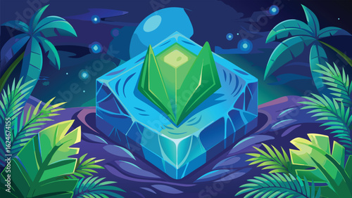 Vibrant tropical fish shimmer like brilliant jewels around a heart-shaped island at night, a precious illustration of love