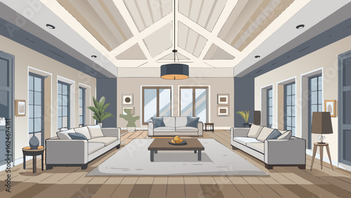 Vector art of luxurious and inviting living room interior with vaulted ceiling, featuring plush sofas, a central coffee table, and large windows, perfect for modern home decor