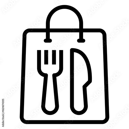 Logo comida para llevar. Bolsa con cubiertos. Icono bolsa de la compra con cuchillo y tenedor con líneas 