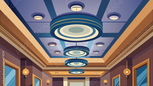 Vector art of art deco inspired hallway with striking geometric ceiling lights and architectural elements, creating a dramatic and stylish ambiance