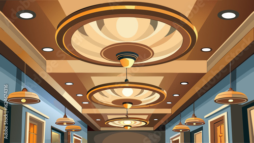 Vector art of luxurious interior hallway with a series of decorative ceiling lights and architectural details, evoking a sense of grandeur and sophistication
