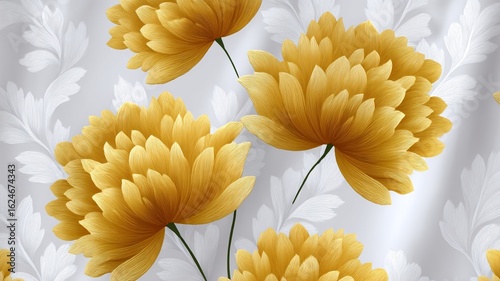 Close up of stylized yellow chrysanthemum flowers with white leaf patterns on a gray background