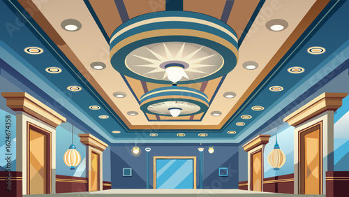 Vector art of modern hallway interior with geometric ceiling design and ambient lighting, creating a sophisticated and welcoming atmosphere