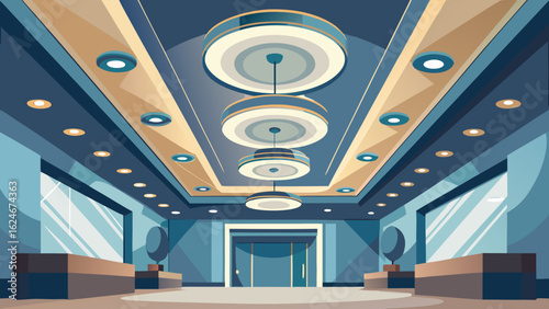 Vector art of spacious modern corridor with a striking geometric ceiling featuring multiple light fixtures, enhancing the architectural appeal