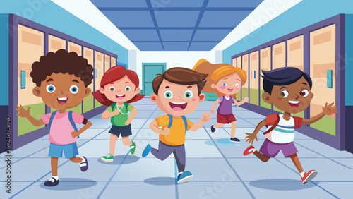 Vector art of a diverse group of happy cartoon children with backpacks running down a school hallway, full of energy and excitement for learning and fun