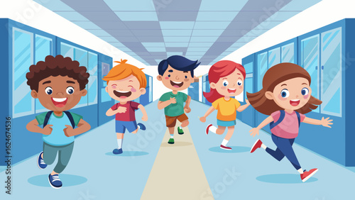 Vector art of a diverse group of happy cartoon children with backpacks running down a school hallway, full of energy and excitement for learning and fun