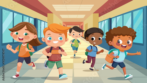 Vector art of a diverse group of happy cartoon children with backpacks running down a school hallway, full of energy and excitement for learning and fun