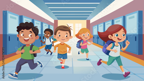 Vector art of happy diverse children running down a school hallway with lockers, excited to be back to school for a fun day of learning and activities
