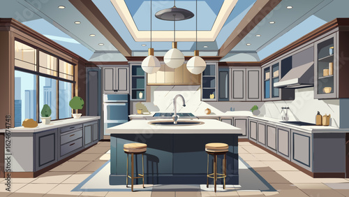 Vector art of a stylish contemporary kitchen featuring an island, ample cabinetry, and pendant lights, creating a warm and inviting atmosphere for culinary activities